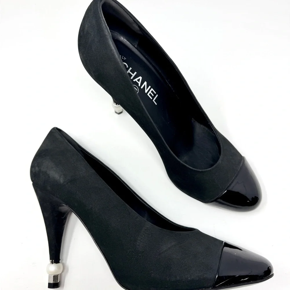 CHANEL Black Suede Pearl Accent Patent Leather Cap Toe Pumps